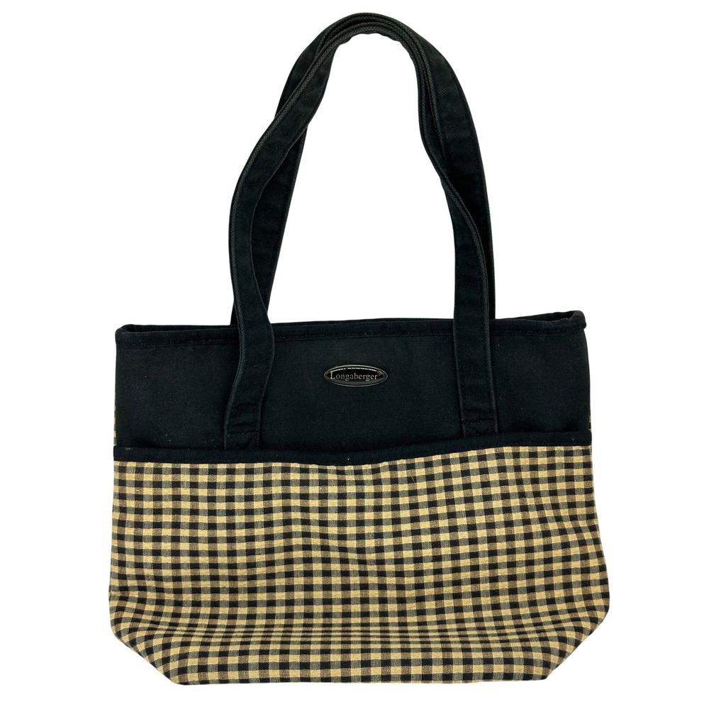 Longaberger Tote Bag Black Tan Gingham Check Canvas Shoulder Purse Handbag Small